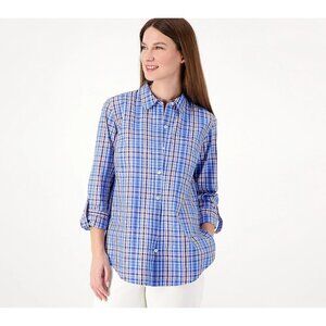 Susan Graver Blue/Lilac Weekend Petite Yarn-Dyed Plaid Button-Front Shirt Size M